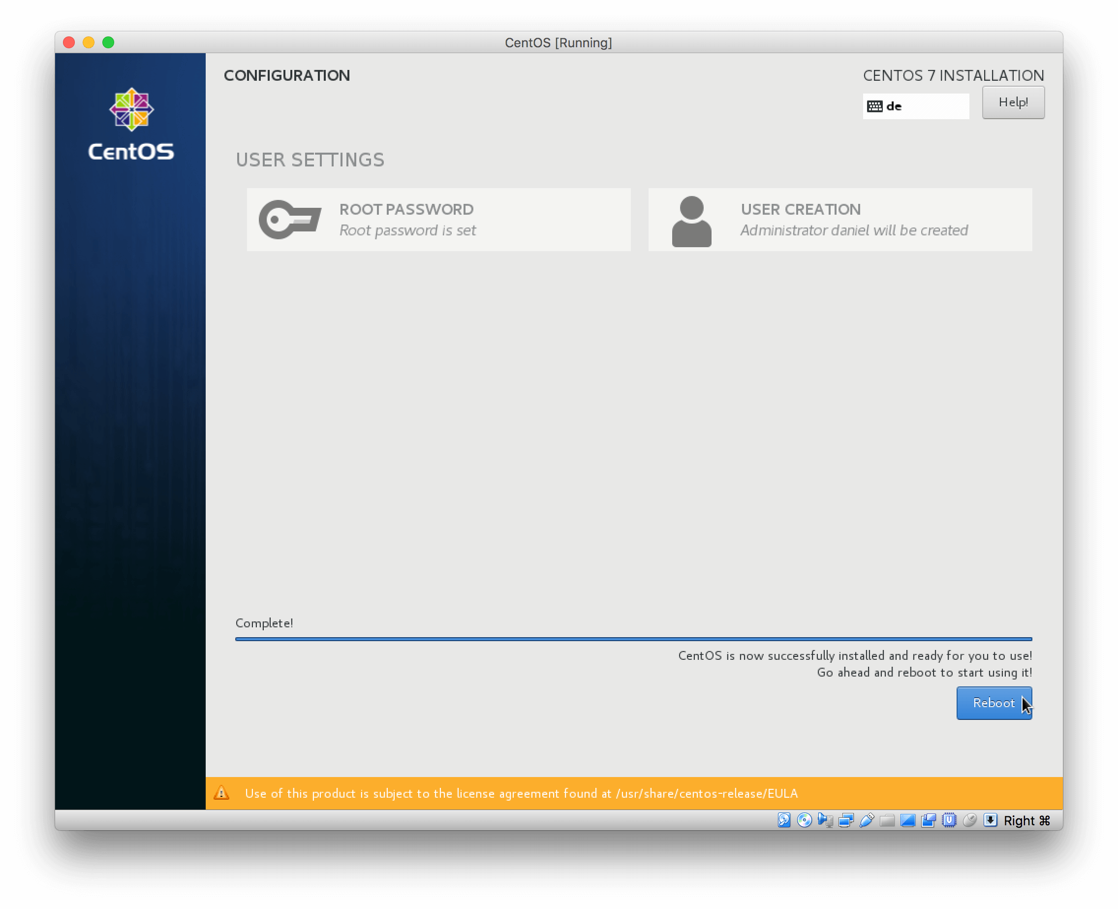 Install CentOS 7 - Reboot