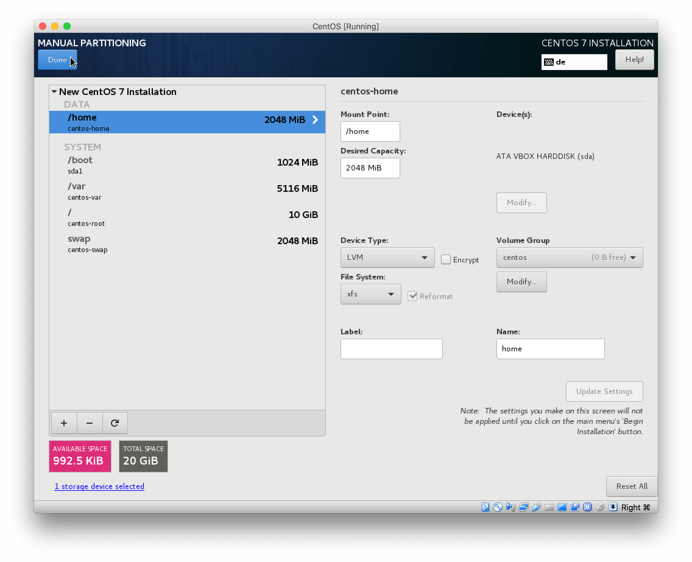 Install CentOS 7 - Apply custom partitioning