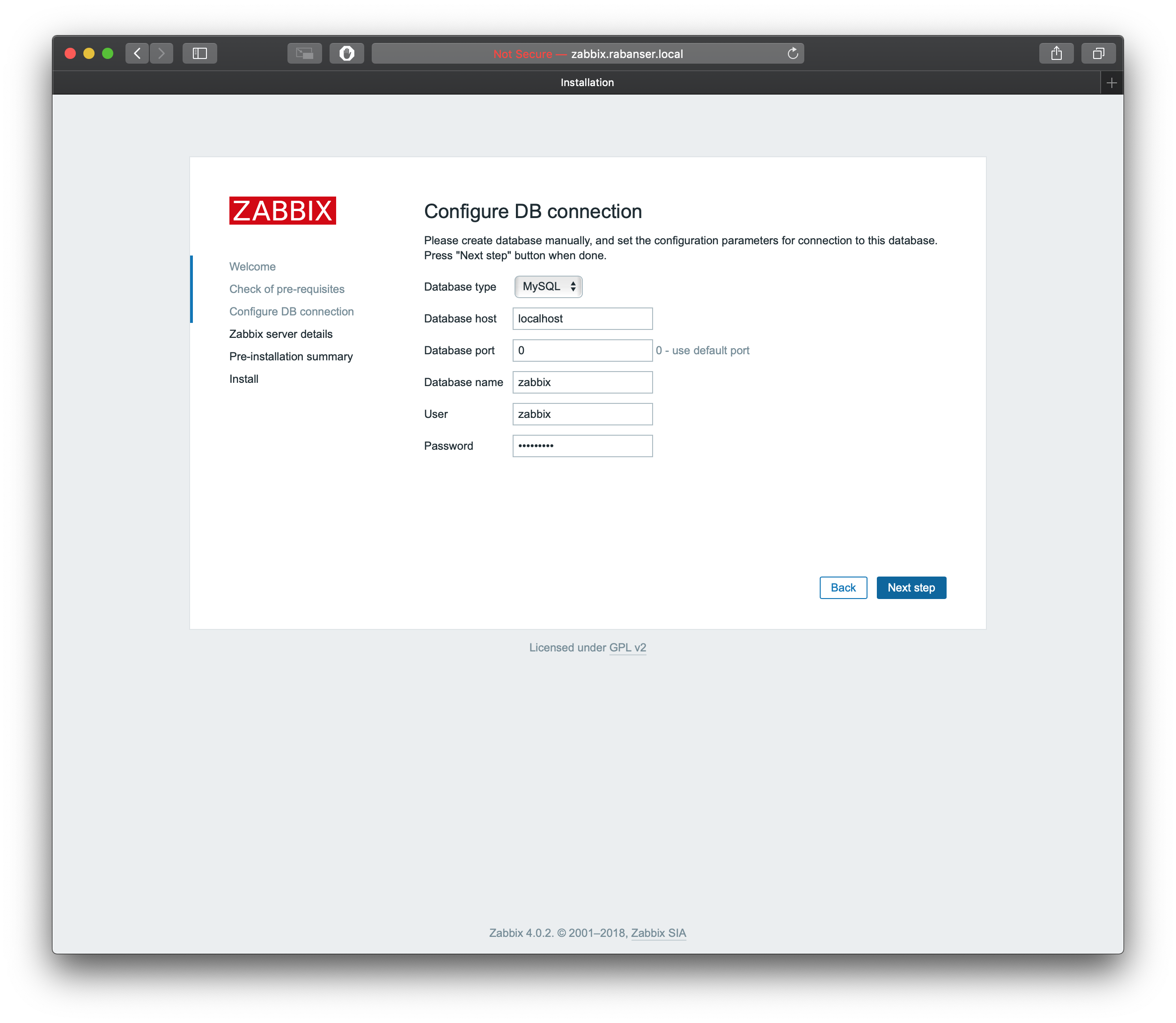 Install Zabbix - Database settings